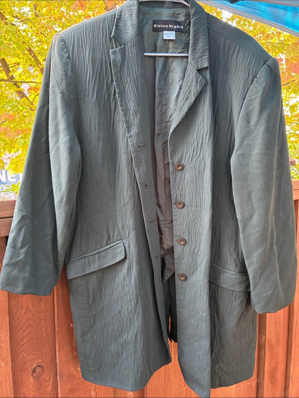 Vintage Bianca Nygard Sage Green Crinkle Longline Blazer Duster Coat Size 16